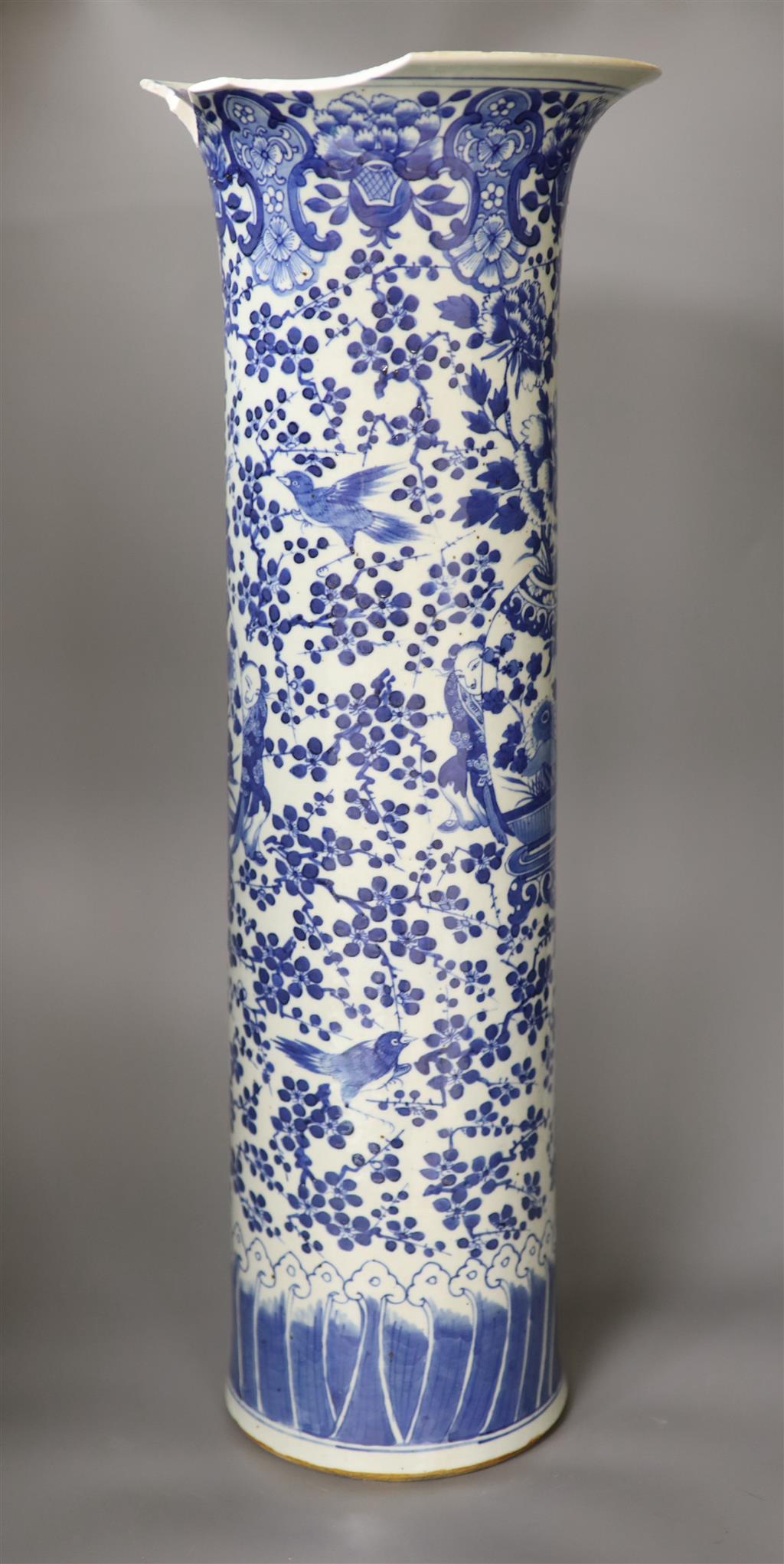 A large 19th century Chinese blue and white sleeve vase, height 62cm (a.f.)
